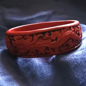 Vintage Dragon Carved Cinnabar Bracelet Deep Red & Black